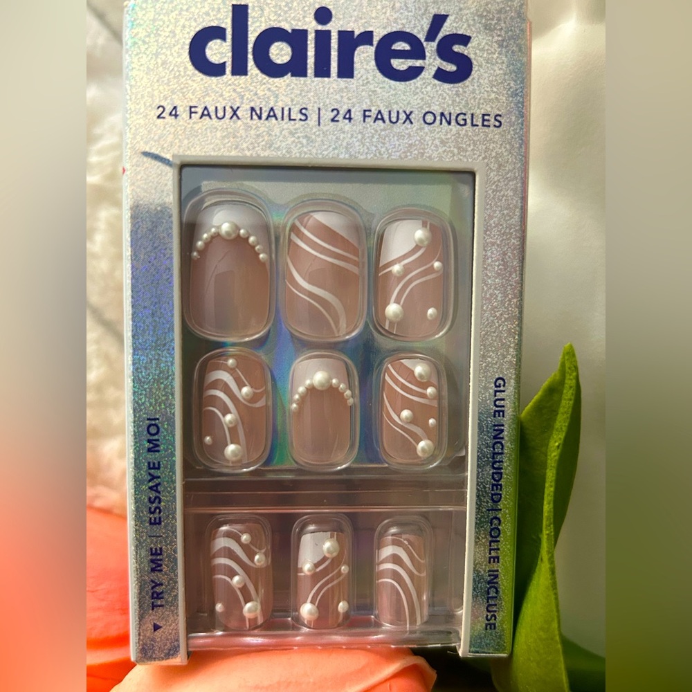 Claire's Pink Faux Nails with Pearl Accents
